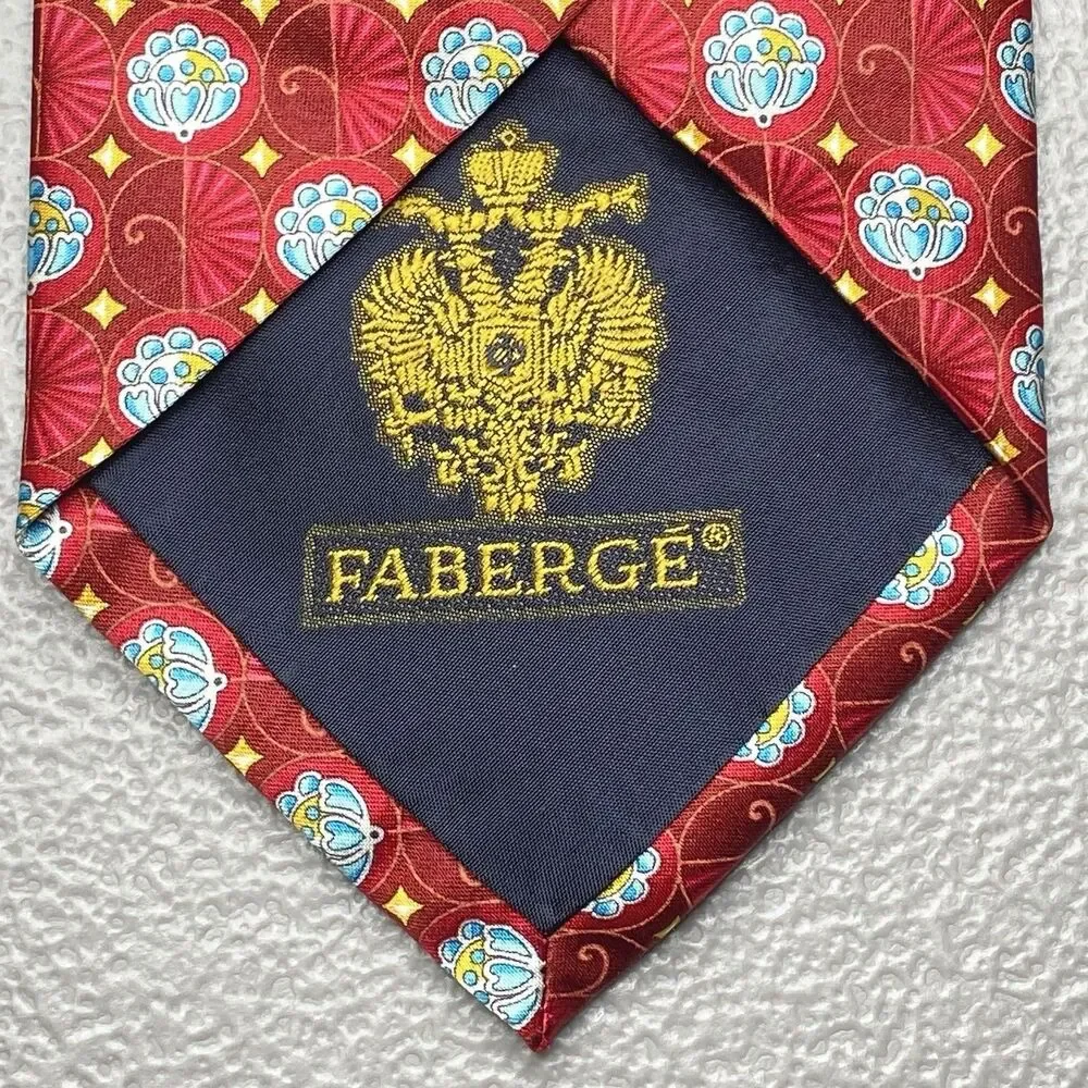 Faberge Silk Tie Vintage Neiman Marcus Floral Fan USA XL X-Long Red Blue NWT